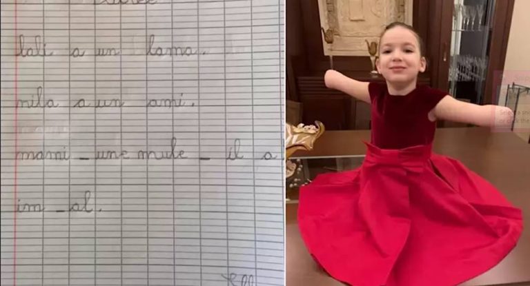 بالصورة :ايللا متفوقة وتكتب ببراعة رغم خسارتها لأطرافها الأربعة..